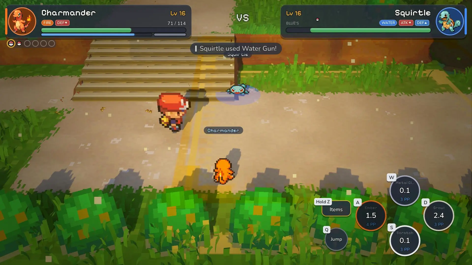 Route 22 rematch: Charmander at level 16 against Blue’s Squirtle at level 16, with the four-move diamond