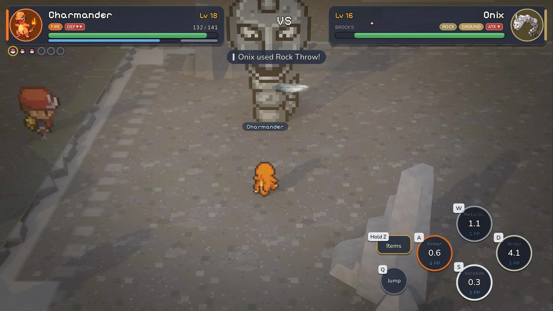 Pewter Gym: Brock’s Onix at level 16 uses Rock Throw against Charmander at level 18