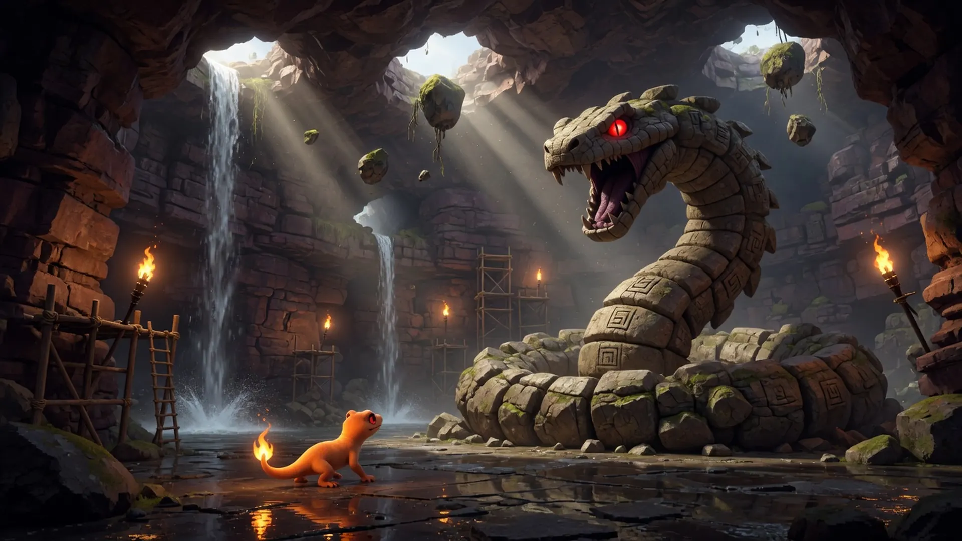 Original illustration inspired by the Onix battle; not a gameplay screenshot