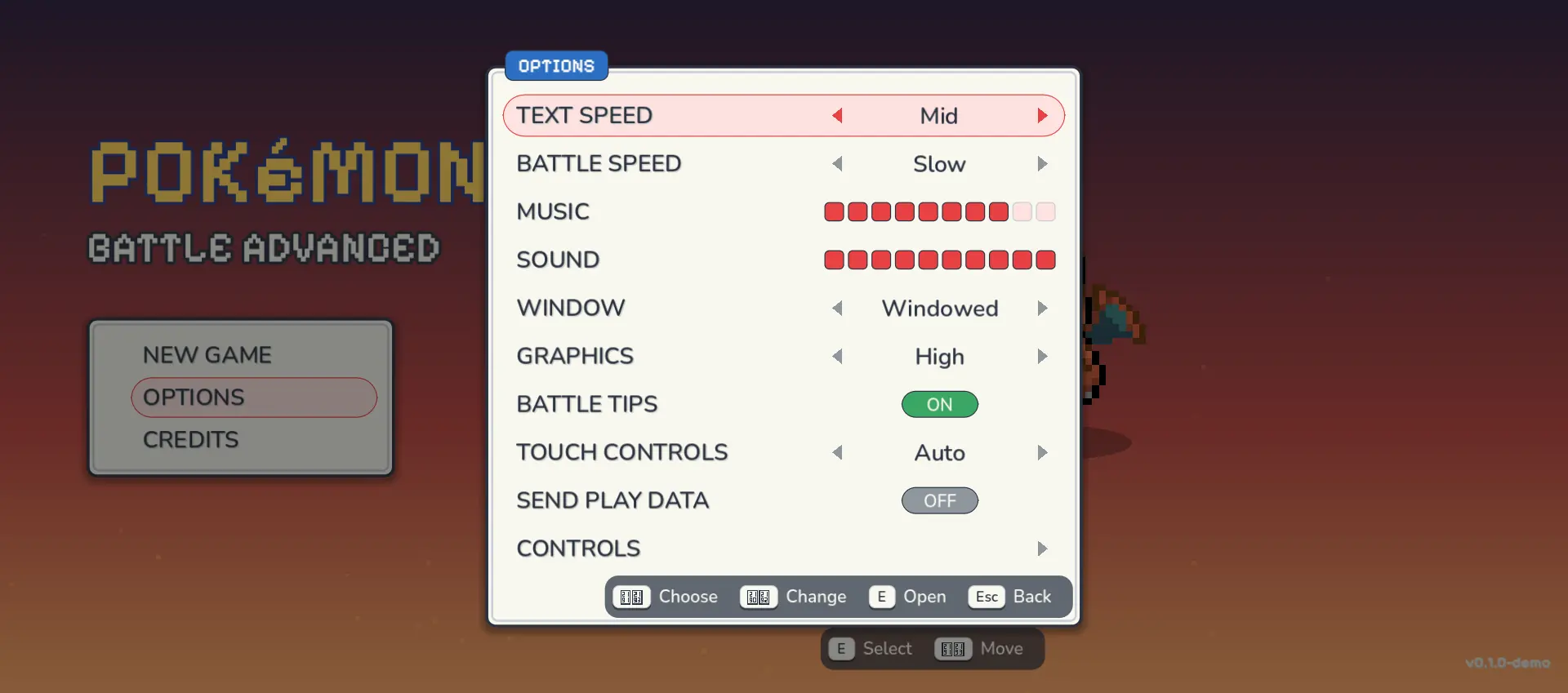 Options menu in the public build, including touch controls set to Auto