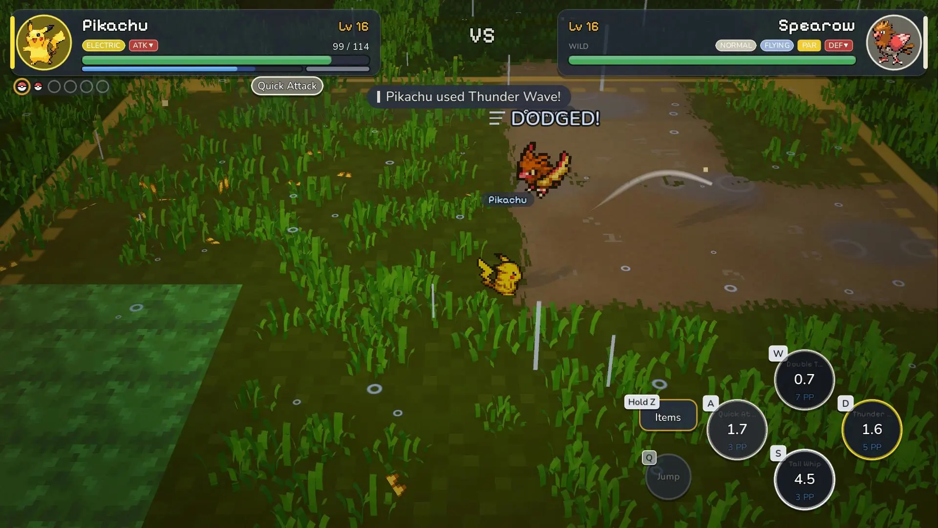 Rain battle where Pikachu at level 16 dodges a wild Spearow