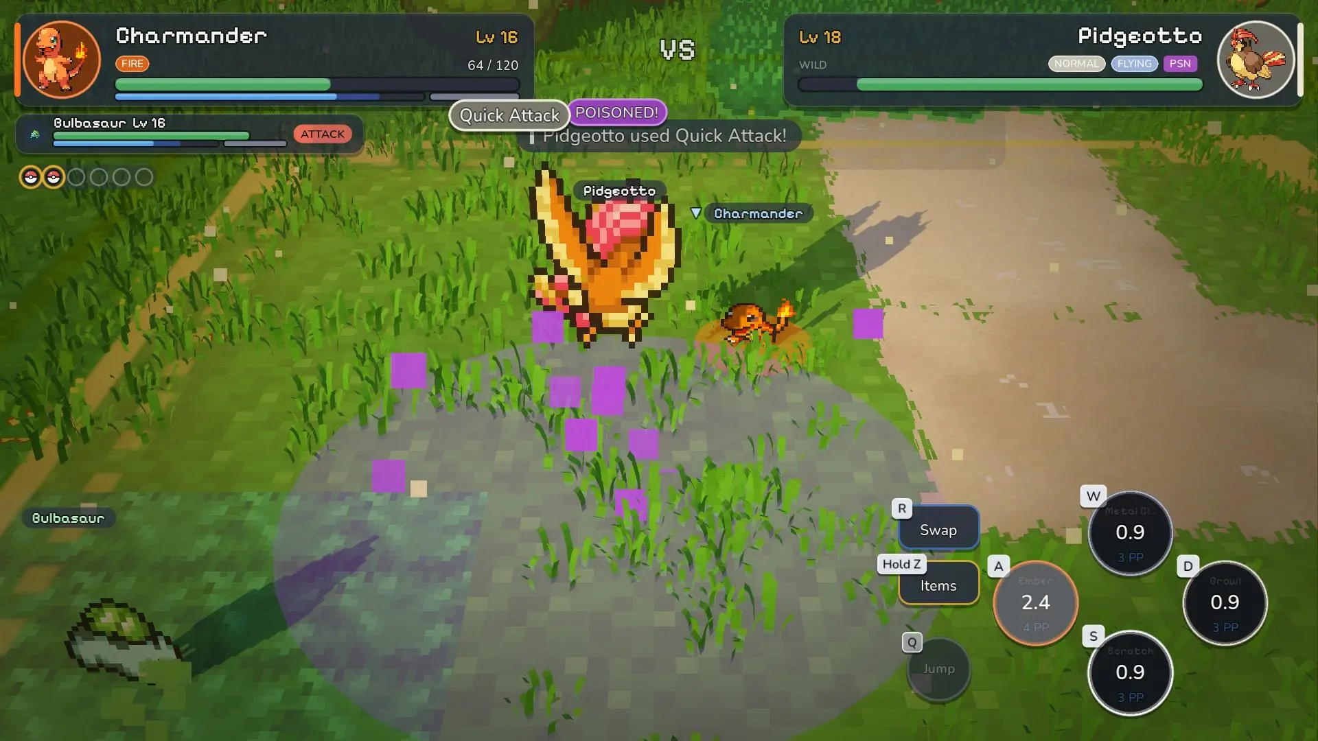 Wild battle with Charmander, Bulbasaur as a second fighter, and a poisoned Pidgeotto