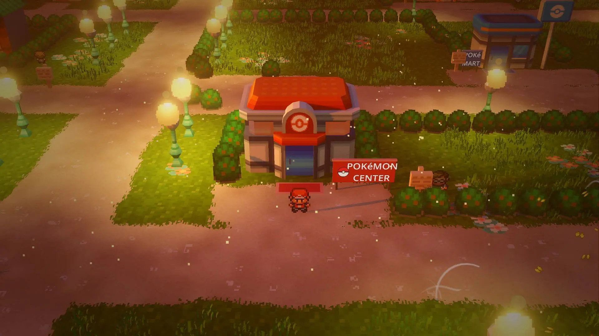 Viridian City at dusk, with the Pokémon Center and a Poké Mart sign