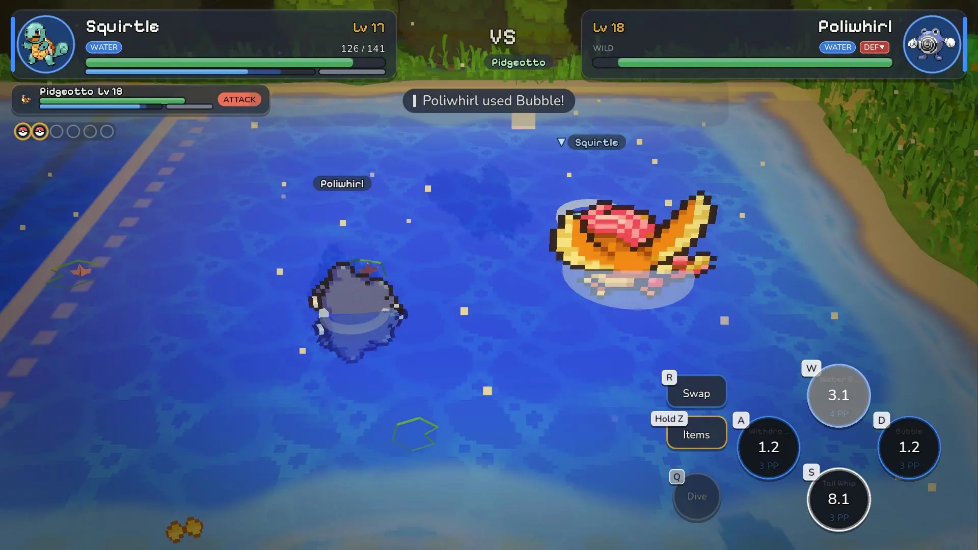 Water battle: Squirtle at level 17, a second fighter Pidgeotto, and a wild Poliwhirl